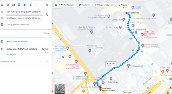 Trasa piesza w Neapolu, z San Pietro a Patierno do Maddalena - Aeropoto Civile, zajmuje 10 minut.