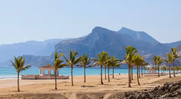 Oman co warto wiedzieć: piaszczysta plaża z palmami, biała altana i turkusowe morze na tle gór. Idealne miejsce na relaks.