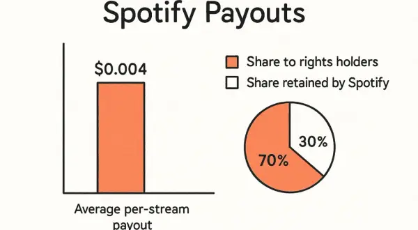 Bar chart shows average per-stream payout is $0.004. Pie chart shows 70% goes to rights holders, 30% to Spotify.