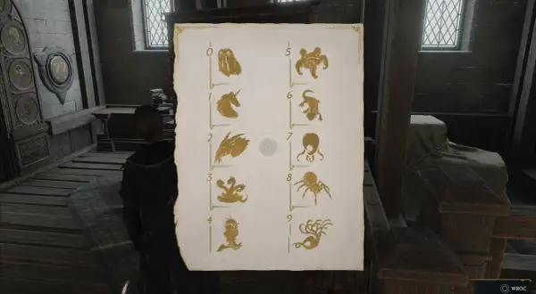 Rozwiązujesz zagadkę w Hogwarts Legacy, analizując symbole stworzeń od 0 do 9.