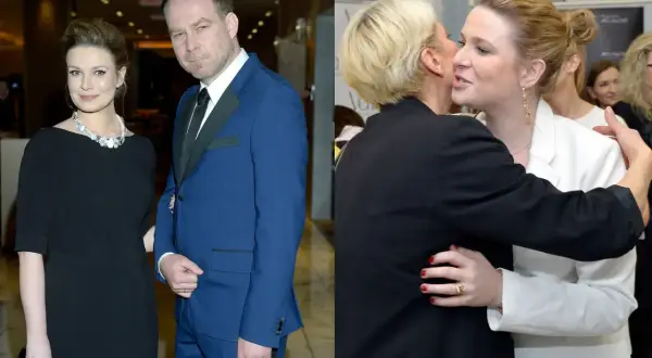 Marcin Perchuć z partnerką na premierze. Po prawej stronie uściski dwóch kobiet.