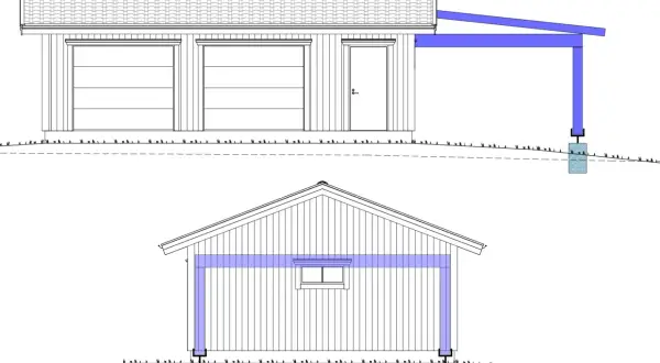 Ritning av garage med carport. En gratis carport ritning som visar konstruktion och mått.