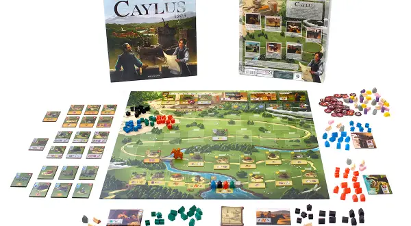 Plansza gry Caylus 1303 z pionkami, kartami i pudełkami. Gracze budują zamek i rozwijają swoje posiadłości.