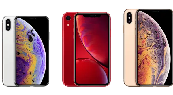 Trzy telefony iPhone: biały, czerwony i złoty. Złoty iPhone XS Max ma wymiary idealne do dłoni.