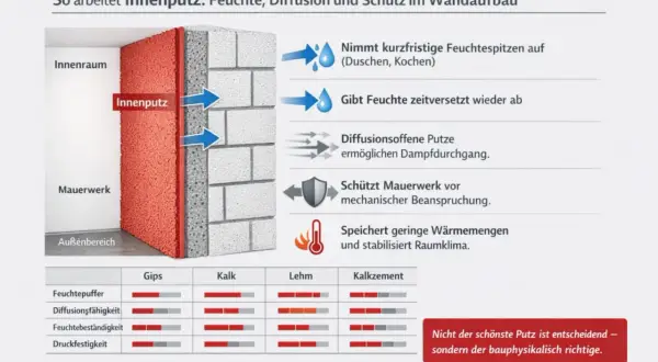 Vergleich verschiedener innenputz arten: Gips, Kalk, Lehm, Kalkzement. Die Grafik zeigt deren Eigenschaften wie Feuchtepuffer, Diffusion, Feuchtebeständigkeit und Druckfestigkeit.