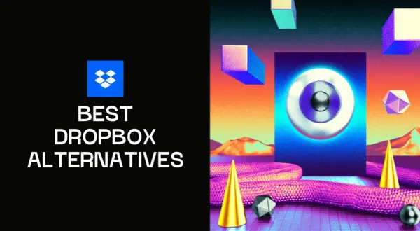 Discover the best encrypted Dropbox alternatives. Explore secure cloud storage options with this vibrant, abstract graphic featuring geometric shapes and a retro-futuristic landscape.
