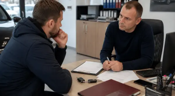 Dwóch mężczyzn przy biurku omawia dokumenty. Na stole leżą kluczyki do auta, co sugeruje zwrot samochodu po zakupie lub finalizację transakcji.