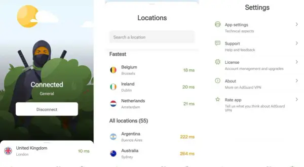 Ekran główny AdGuard VPN pokazuje połączenie z Londynem. Dostępne są lokalizacje takie jak Belgia, Irlandia, Holandia, Argentyna i Australia.