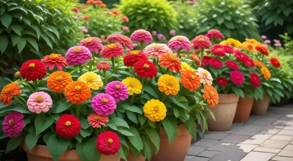 En rad krukor fyllda med färgglada zinnia i olika nyanser av rosa, rött, orange och gult. Det är svårt att säga exakt hur många zinnia i en kruka, men de är tätt planterade.