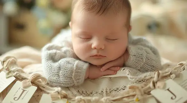 Un bébé endormi, le visage posé sur ses mains, porte un pull en maille. Des étiquettes avec la lettre "J" décorent le bord, suggérant un prénom en J.