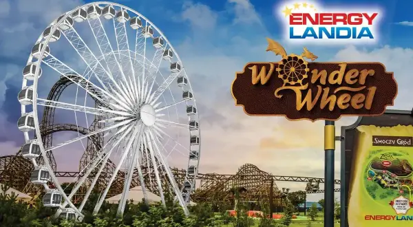 Ile jest atrakcji w Energylandii? Ogromne koło widokowe Wonder Wheel i rollercoaster w tle zapraszają do zabawy.