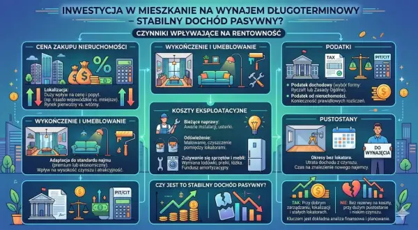 Inwestowanie w nieruchomości na wynajem długoterminowy. Schemat pokazuje czynniki wpływające na rentowność: cenę zakupu, wykończenie, koszty, podatki i pustostany.