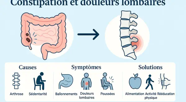 Illustration montrant le lien entre constipation et douleurs lombaires. Causes : arthrose, sédentarité. Symptômes : ballonnements, douleurs lombaires, poussées. Solutions : alimentation, activité physique, rééducation.