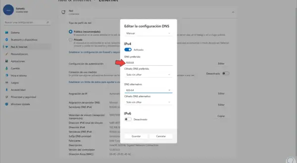 Ventana de Windows 11 para cambiar DNS. Se muestra la configuración manual de DNS IPv4 con 8.8.8.8 como preferido.