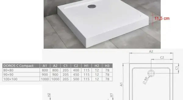 Niski brodzik prysznicowy DOROS C Compact, wymiary i schemat montażu. Wysokość 11,5 cm.