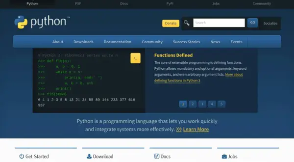 Code Python affichant la série de Fibonacci. Le site web Python met en avant les fonctions et leur définition.