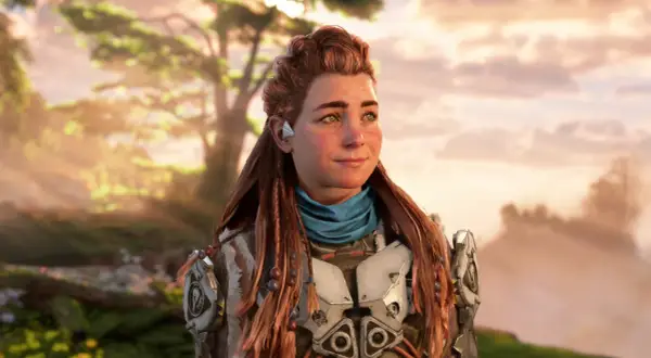 Aloy z Horizon 3 kiedyś wyruszy na nową przygodę. W tle zachód słońca i bujna roślinność.