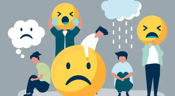 Ludzie z wielkimi, smutnymi emotikonami symbolizują trudności w opanowaniu emocji. Deszcz i chmury podkreślają przygnębienie.