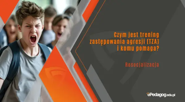 Chłopiec krzyczy, a obok niego inni uczniowie. Grafika promuje trening zastępowania agresji (TZA) i resocjalizację.