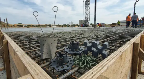 Na budowie widać zbrojenie i świeży beton. Na pierwszym planie leżą podkładki pod zbrojenie, które zapewnią odpowiednią grubość otuliny betonowej.