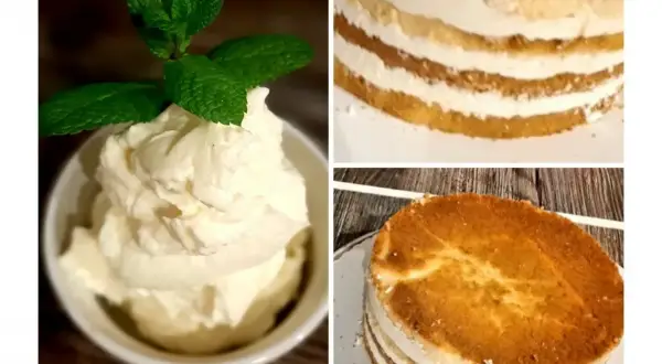 Bita śmietana z mascarpone w miseczce i warstwy tortu z kremem.