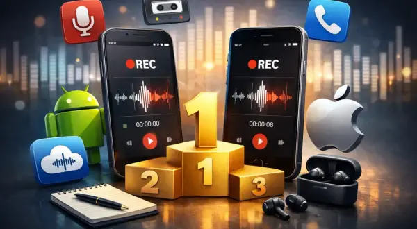Dwa smartfony z ikoną nagrywania, podium z jedynką, symbole Androida i Apple. To najlepsza aplikacja do nagrywania rozmów, która zdobywa pierwsze miejsce!