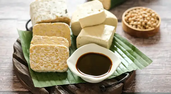 Tempeh und Tofu, zubereitet aus indonesischen Sojabohnen, liegen auf Bananenblättern. Dazu eine Schale dunkler Sojasauce und rohe Sojabohnen.