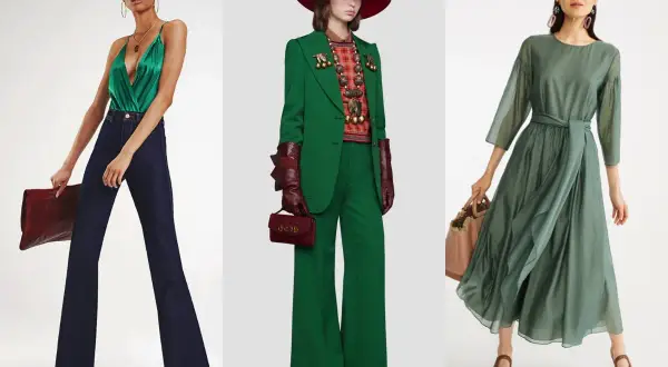 Tre donne indossano abiti eleganti in varie tonalità di verde, dal brillante verde militare al tenue verde salvia.