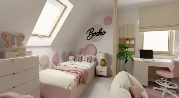 Uroczy pokój boho dla dziewczynki z łóżkiem, biurkiem i wygodnym fotelem.