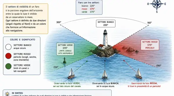 Schema che illustra i settori di visibilità di un faro, con la tabella delle frequenze radio dei colori (bianco, rosso, verde) e il loro significato per la navigazione.