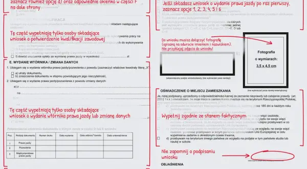 Zdjęcie przedstawia formularz wniosku o wydanie prawa jazdy, z zaznaczonym polem na fotografię 3,5 x 4,5 cm.