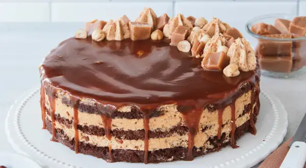 Schokoladenkuchen mit Karamellcreme und Nüssen, überzogen mit glänzender Schokoladenglasur. Eine köstliche Nuss Karamell Torte.