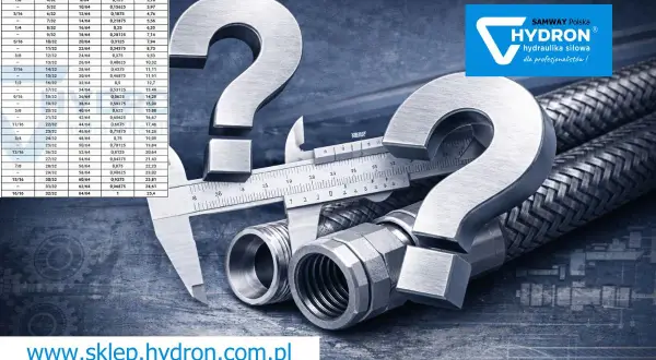 Tabela wymiarów rury 3/8 cala i innych, obok pytanie i elementy hydrauliczne.
