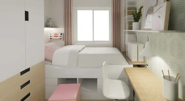 Clever 4 qm zimmer einrichten: Bett mit Stauraum, Schreibtisch, Schrank und Regal schaffen Platz.