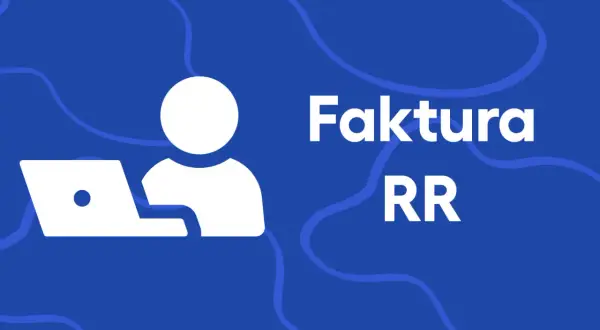 Biała ikona osoby przy laptopie na niebieskim tle. Obok napis "Faktura RR".
