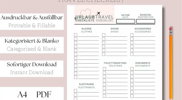 Eine druckbare und ausfüllbare Urlaub Checkliste zum Abhaken. Kategorisiert und blanko, mit Feldern für Kleider, Schuhe, Accessoires, Toilettenartikel, Elektronik, Dokumente und Wichtiges.