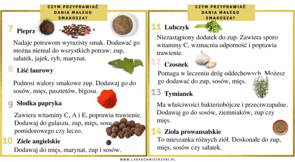 Jakie przyprawy dla niemowlaka? Pieprz, liść laurowy, papryka, ziele angielskie, lubczyk, czosnek, tymianek, zioła prowansalskie.