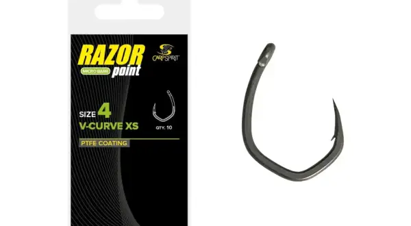 Haczyk karpiowy Carp Spirit Razor V-Curve XS, rozmiar 4, z powłoką PTFE.