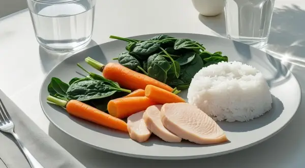Łagodny posiłek na talerzu: gotowany kurczak, ryż, marchewka i szpinak. Idealny jadłospis dieta wrzodowa.