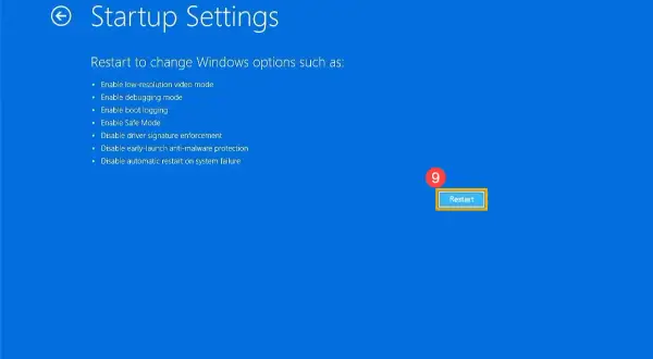 Ekran "Ustawienia uruchamiania" w Windows 11. Możliwość wejścia w tryb awaryjny lub inne opcje.