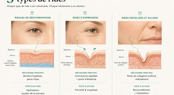 Trois types de rides expliqués : déshydratation, expression et installées. L'image montre des schémas de peau illustrant les causes des rides et ridules.