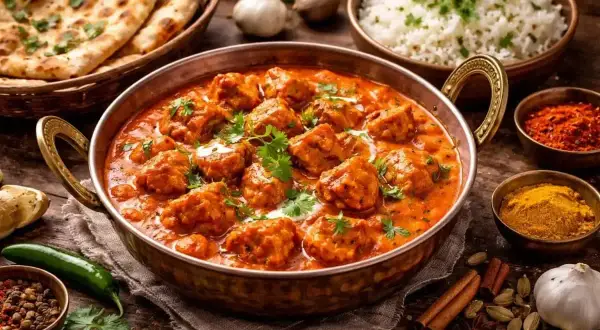 En härlig indisk sås med köttbullar i en koppartunna, serverad med naanbröd och ris. Kryddor som gurkmeja och chili syns bredvid.