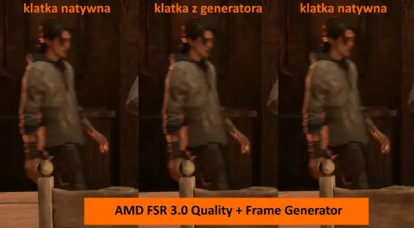 Porównanie klatek: natywna vs. z generatora klatek AMD FSR 3.0 Quality. Widać różnicę w płynności ruchu postaci.