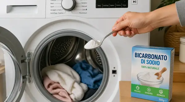 Aggiungere bicarbonato in lavatrice per un bucato più pulito e fresco. Un cucchiaio di bicarbonato di sodio pronto per essere usato.