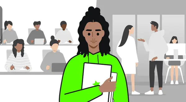 Ein junger Mensch mit Aktenordnern im Vordergrund, im Hintergrund Studierende im Hörsaal. Perfekt für den **iu studienstart**.