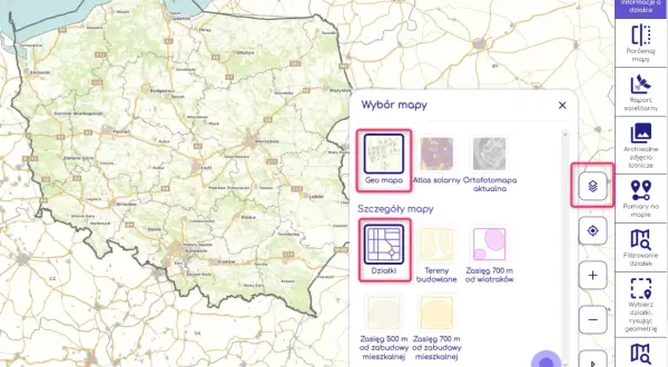 Jak sprawdzić czy budynek jest naniesiony na mapę? Wybierz "Geo mapa" lub "Działki" w oknie "Wybór mapy", by zobaczyć szczegóły terenu.