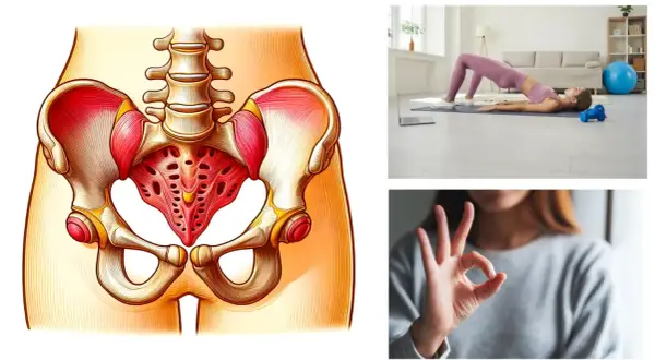 Illustrazione anatomica del bacino e del pavimento pelvico, donna che fa esercizio a casa, mano che fa il gesto OK.