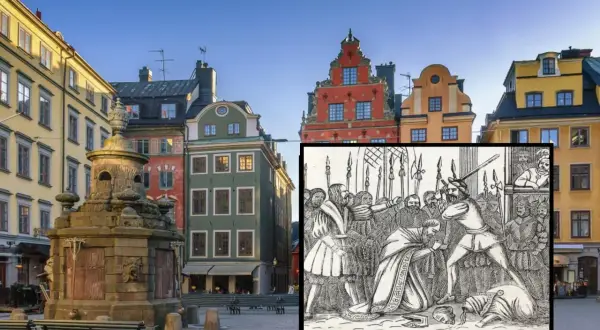 Stortorget i Gamla Stan, Stockholm, den historiska stockholms blodbad plats, med en dramatisk illustration av händelsen.