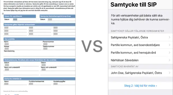 Samtycke till informationsutbyte för SIP, en samordnad individuell plan, visas på papper och mobil.