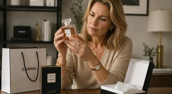 Kobieta sprawdza, jak sprawdzić czy perfumy są oryginalne, trzymając flakonik Chanel Coco Mademoiselle. Obok pudełko i torba.